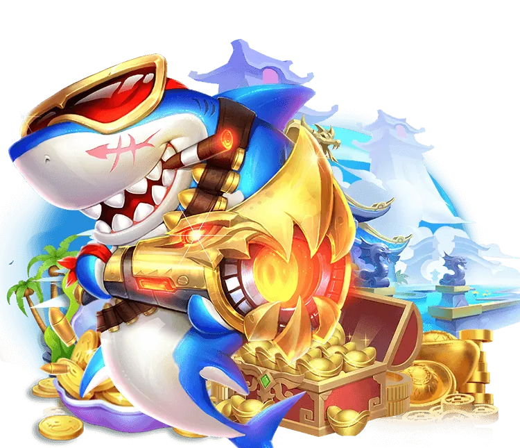 Hình ảnh game Bắn Cá Thần Tài với cá vàng và các biểu tượng may mắn, thể hiện sự giàu có và tiền thưởng.